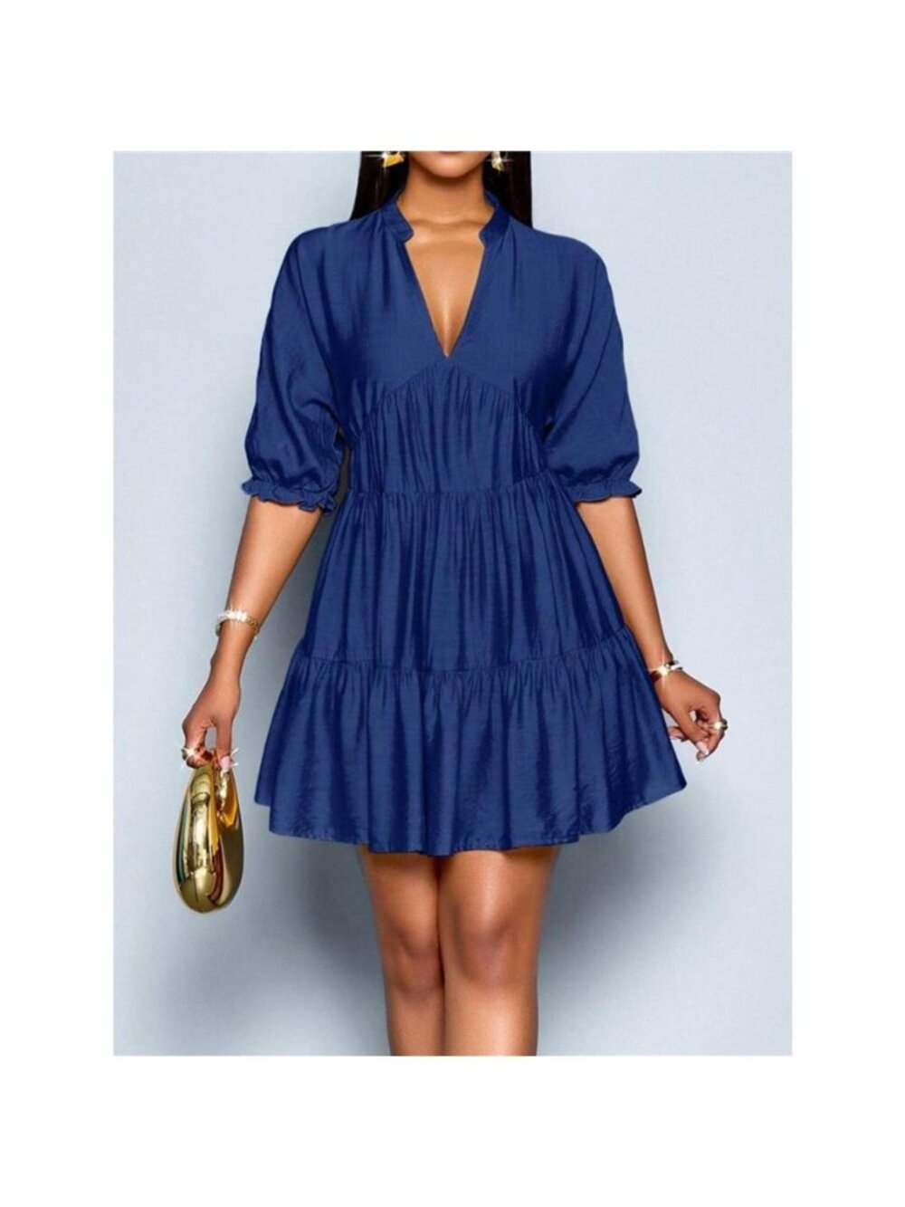 Notched Half Sleeve Tiered Dress